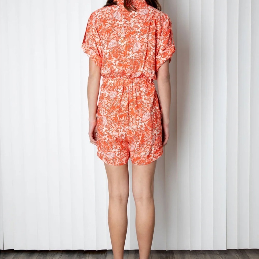 Vibrant Orange Floral Button-Up Romper - Picture 4 of 5